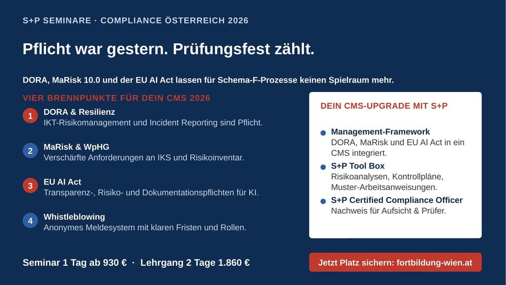 Compliance-Seminare Österreich: DORA, MaRisk und EU AI Act für Compliance Officer