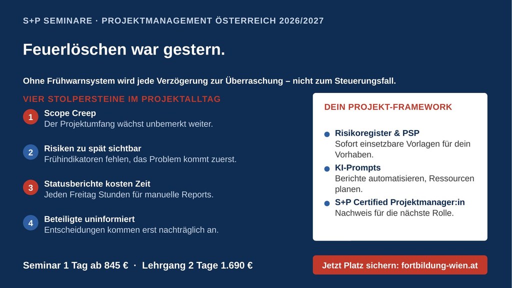 Projektmanagement-Seminare Österreich: Risikoregister, KI und Steuerung